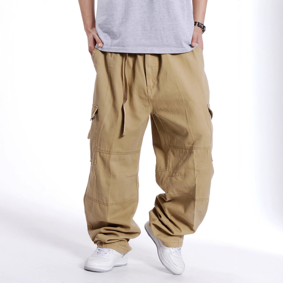 Men's Plus Size Wide Leg Cotton Cargo Pants Hip Hop Elastic Casual Trousers Summer Streetwear Outfit - Seldom Seen Styles