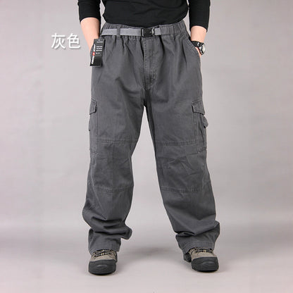 Men's Plus Size Wide Leg Cotton Cargo Pants Hip Hop Elastic Casual Trousers Summer Streetwear Outfit