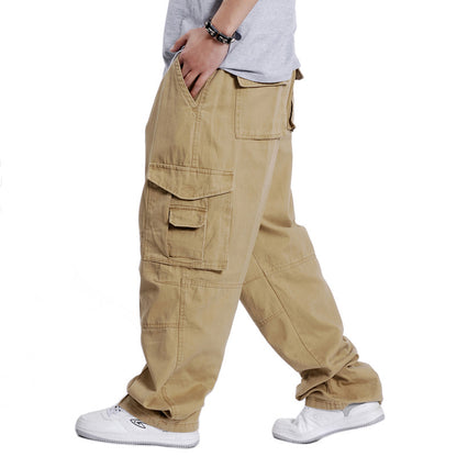 Men's Plus Size Wide Leg Cotton Cargo Pants Hip Hop Elastic Casual Trousers Summer Streetwear Outfit