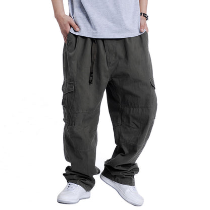 Men's Plus Size Wide Leg Cotton Cargo Pants Hip Hop Elastic Casual Trousers Summer Streetwear Outfit