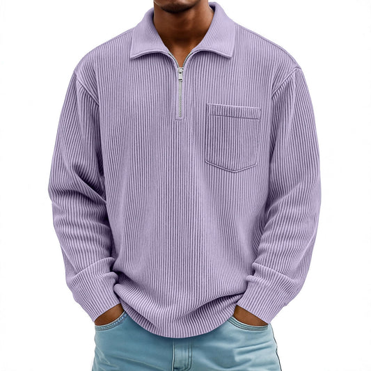 Men's Ribbed Quarter Zip Pullover Sweater Casual Long Sleeve Knit Polo Sweatshirt with Pocket - Seldom Seen Styles