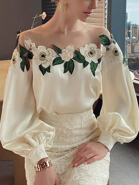 Mesh-Paneled Satin-Embroidered Long-Sleeved Shirt - Seldom Seen Styles