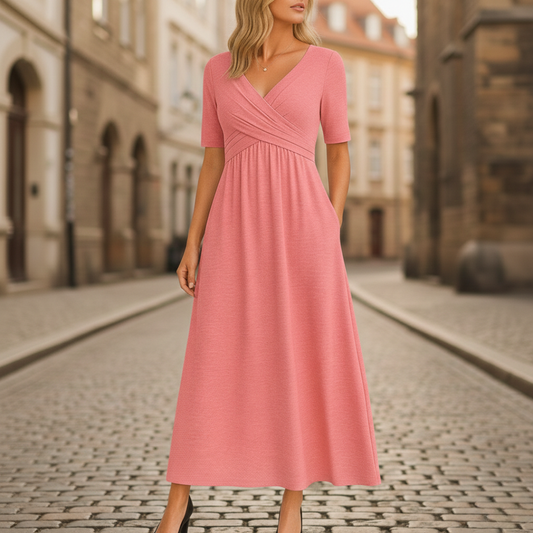 Midi Dress V Neck Wrap Short Sleeve Empire Waist Womens - Seldom Seen Styles