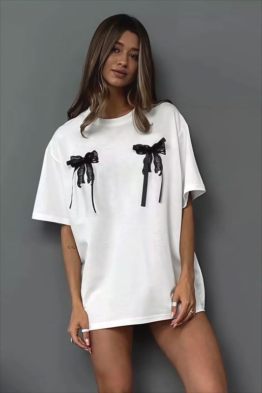 Minimalist Casual 3D Bow Lace Short Sleeve T-shirt - Seldom Seen Styles