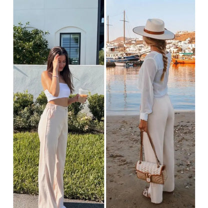 Molitree Women's Cotton Linen Wide Leg Pants High Waisted Loose Fit Casual Trousers with Button Up Breathable Summer Travel Beach Pants Apricot