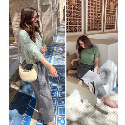 Molitree Women's Cotton Linen Wide Leg Pants High Waisted Loose Fit Casual Trousers with Button Up Breathable Summer Travel Beach Pants Apricot