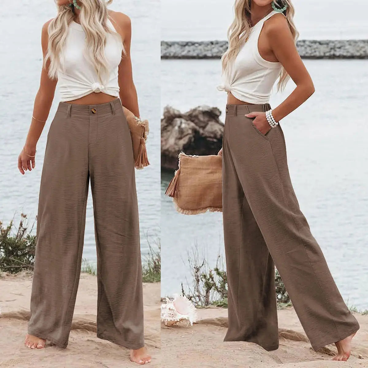 Molitree Women's Cotton Linen Wide Leg Pants High Waisted Loose Fit Casual Trousers with Button Up Breathable Summer Travel Beach Pants Apricot - Seldom Seen Styles