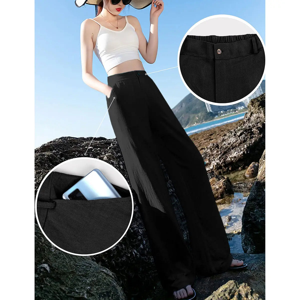 Molitree Women's Cotton Linen Wide Leg Pants High Waisted Loose Fit Casual Trousers with Button Up Breathable Summer Travel Beach Pants Apricot - Seldom Seen Styles
