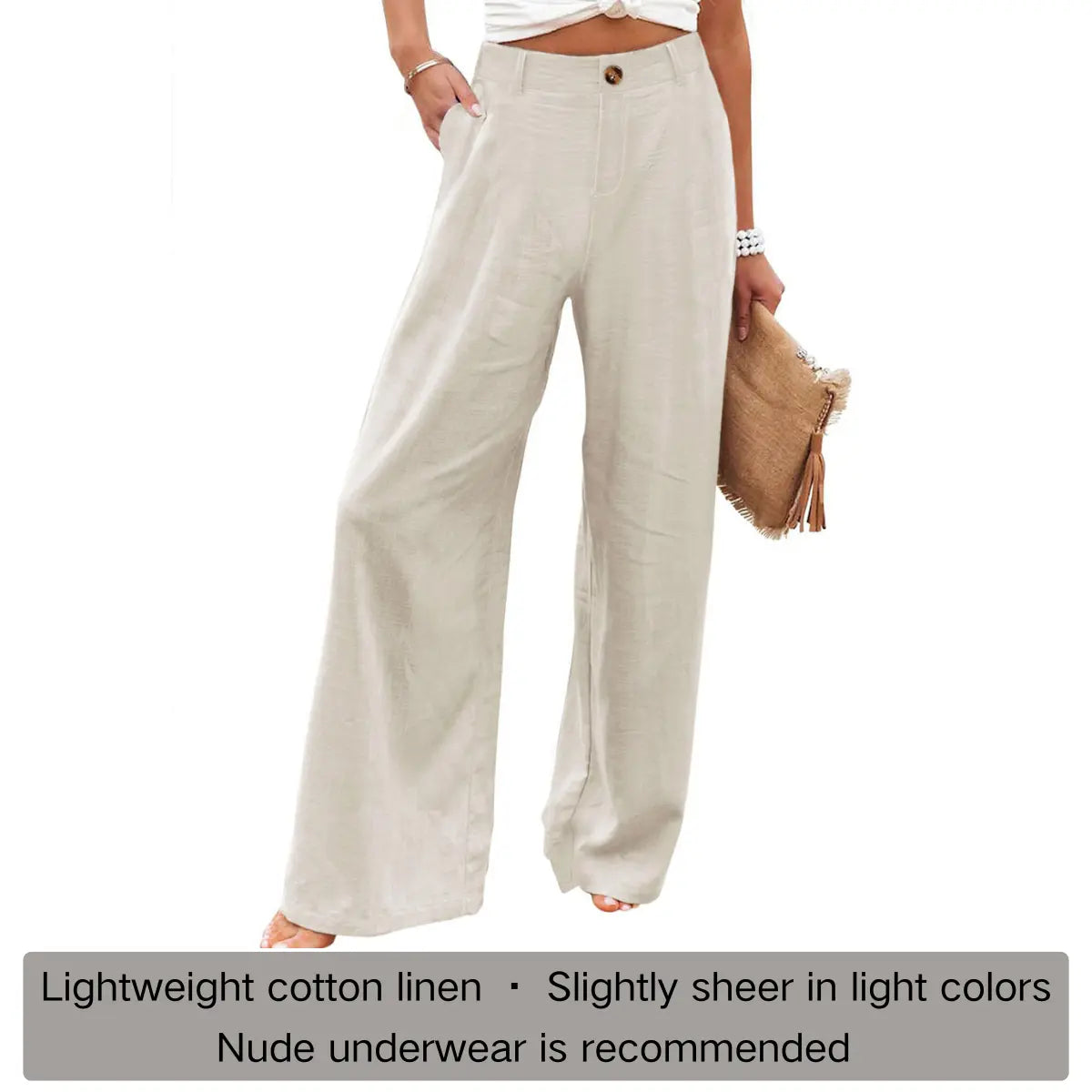 Molitree Women's Cotton Linen Wide Leg Pants High Waisted Loose Fit Casual Trousers with Button Up Breathable Summer Travel Beach Pants Apricot - Seldom Seen Styles