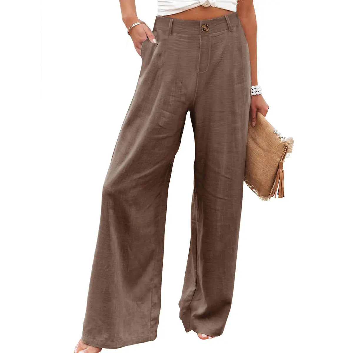 Molitree Women's Cotton Linen Wide Leg Pants High Waisted Loose Fit Casual Trousers with Button Up Breathable Summer Travel Beach Pants Apricot - Seldom Seen Styles