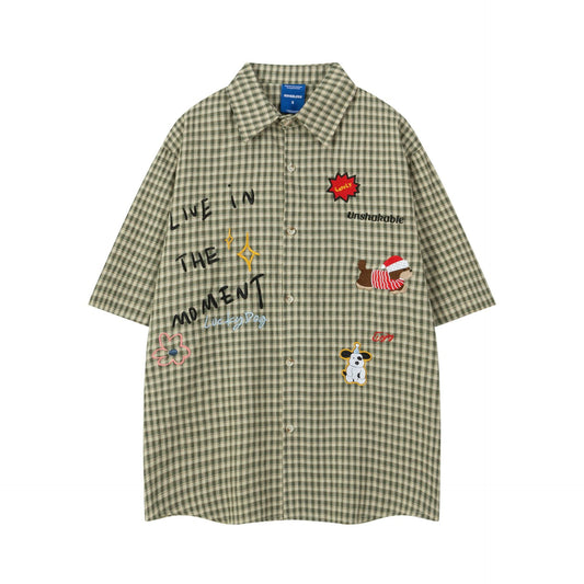 Moment Plaid Embroidery Short Sleeve Shirt Oversized Casual Summer Streetwear Top | Moment Plaid Shirt - Seldom Seen Styles