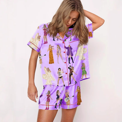 Moon Princess Sailor Guardians Wand Satin Pajama Set For Women Print Comfy Satin Sleepwear & Loungewear Pjs Printing Silky Top & Bottoms - SHESHOW