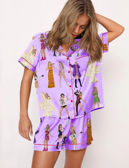 Moon Princess Sailor Guardians Wand Satin Pajama Set For Women Print Comfy Satin Sleepwear & Loungewear Pjs Printing Silky Top & Bottoms - SHESHOW