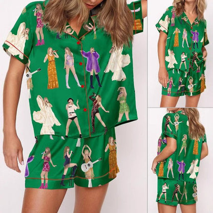 Moon Princess Sailor Guardians Wand Satin Pajama Set For Women Print Comfy Satin Sleepwear & Loungewear Pjs Printing Silky Top & Bottoms - SHESHOW