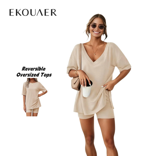 Mother's Day EKOUAER V-neck Two-Piece Pajama Set For Women Summer Casual Oversized Split Hem Shirts & Biker Shorts Minimalist Lounge Wear Soft Homewear Cozy Pjs Clothes Comfy - Seldom Seen Styles