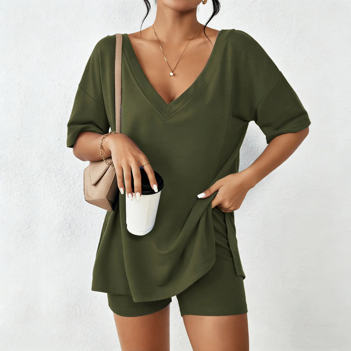 Mother's Day EKOUAER V-neck Two-Piece Pajama Set For Women Summer Casual Oversized Split Hem Shirts & Biker Shorts Minimalist Lounge Wear Soft Homewear Cozy Pjs Clothes Comfy - Seldom Seen Styles