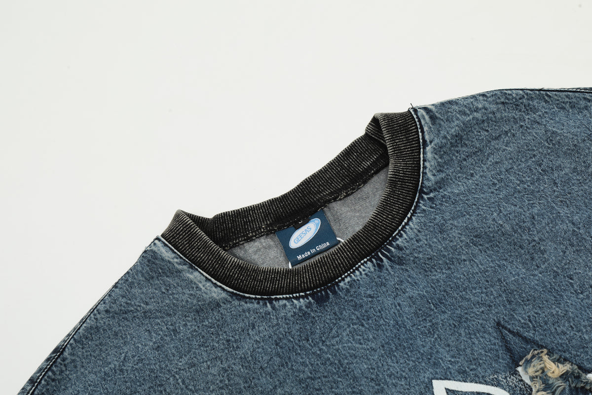 NEXDULE Ripped Star Acid Wash Denim Tee - Seldom Seen Styles