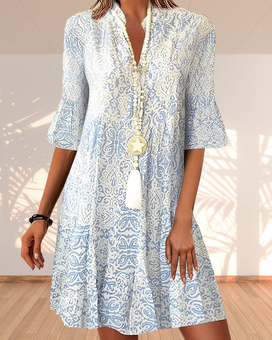 Natalie | Women's Boho V-Neck 3/4 Sleeve Printed Swing Dress - Seldom Seen Styles