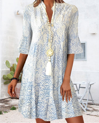 Natalie | Women's Boho V-Neck 3/4 Sleeve Printed Swing Dress