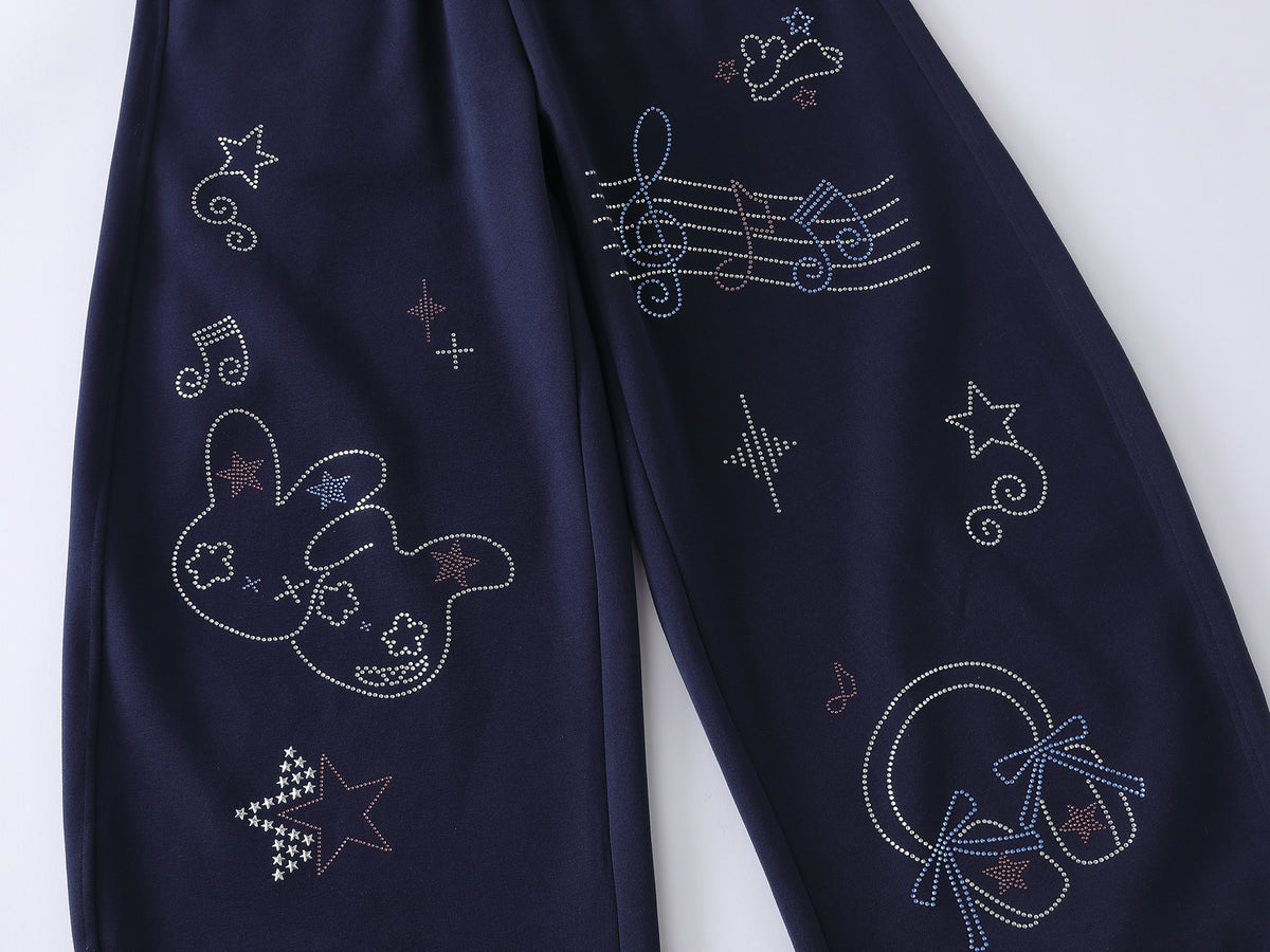 Navy Wide-Leg Sweatpants with Bunny Graphic - Seldom Seen Styles
