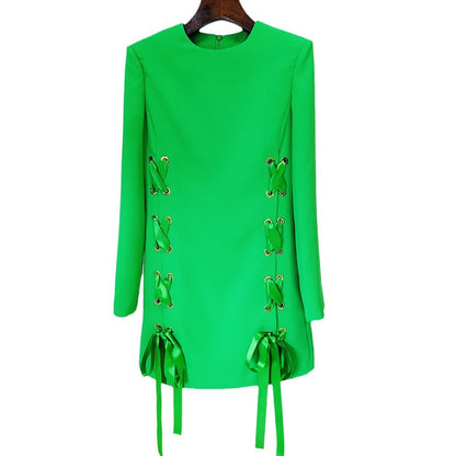 Neela Bowknot Mini Dress  Tie Casual Round Neck Long Sleeve Dress