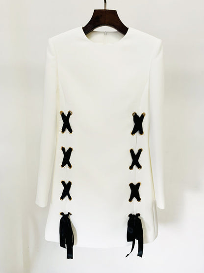 Neela Bowknot Mini Dress  Tie Casual Round Neck Long Sleeve Dress