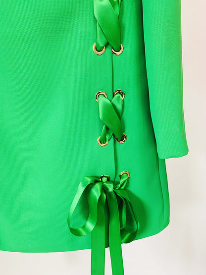 Neela Bowknot Mini Dress  Tie Casual Round Neck Long Sleeve Dress