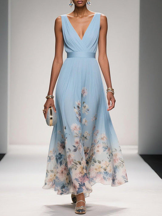 Nevaeh™ | Light Blue Floral Chiffon Maxi Dress - Seldom Seen Styles