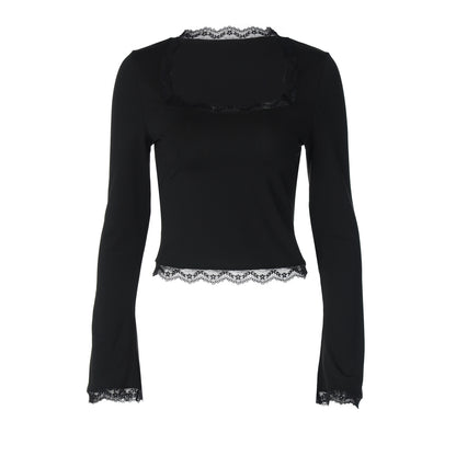 New Fashion Lace Edge Square Neck Long Sleeve Slim-fit Versatile Women's Top