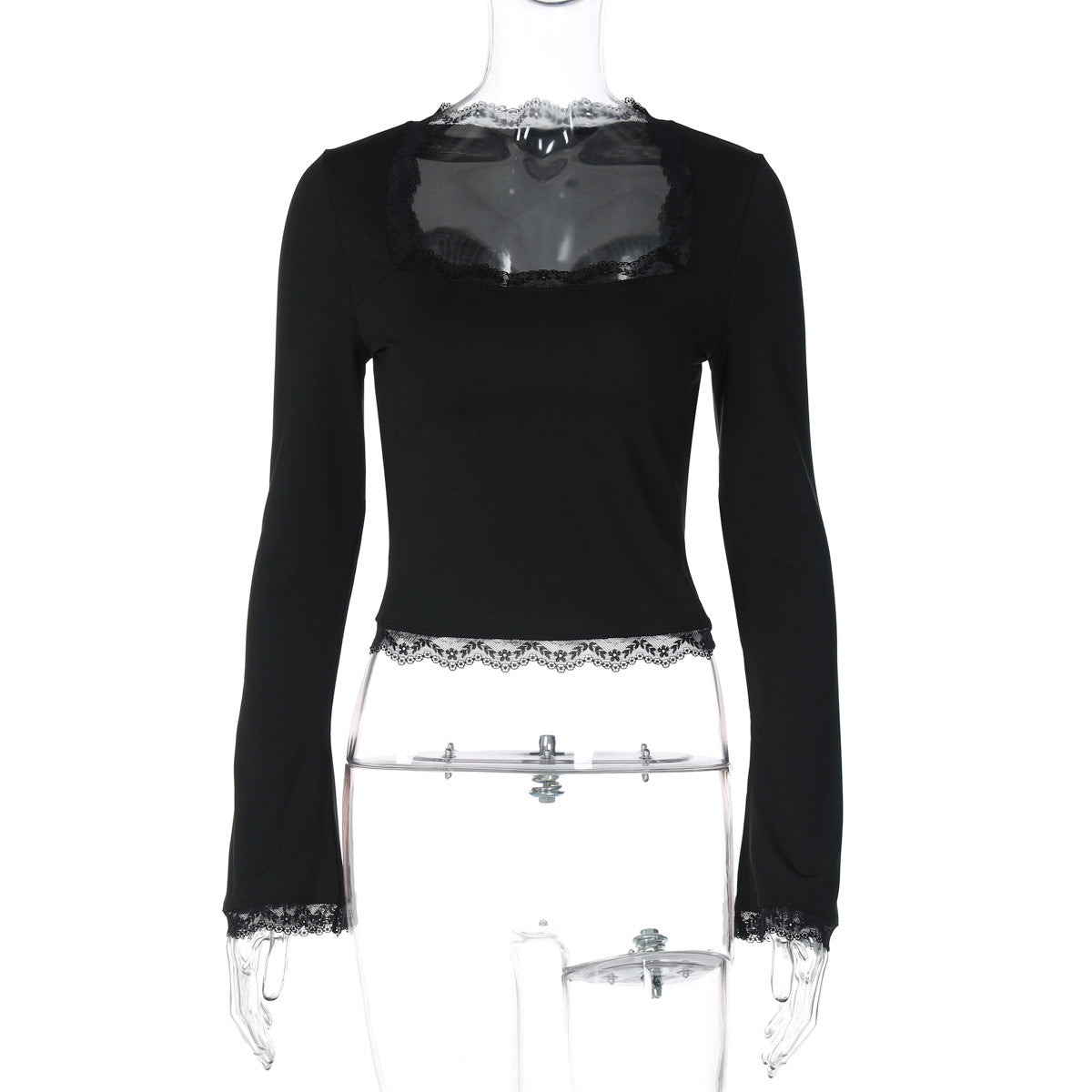 New Fashion Lace Edge Square Neck Long Sleeve Slim-fit Versatile Women's Top - Seldom Seen Styles