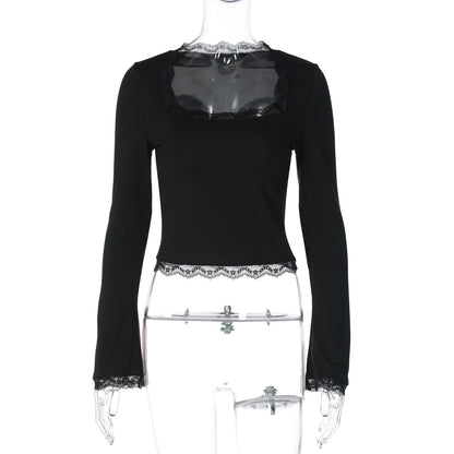 New Fashion Lace Edge Square Neck Long Sleeve Slim-fit Versatile Women's Top