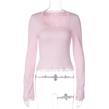 New Fashion Lace Edge Square Neck Long Sleeve Slim-fit Versatile Women's Top