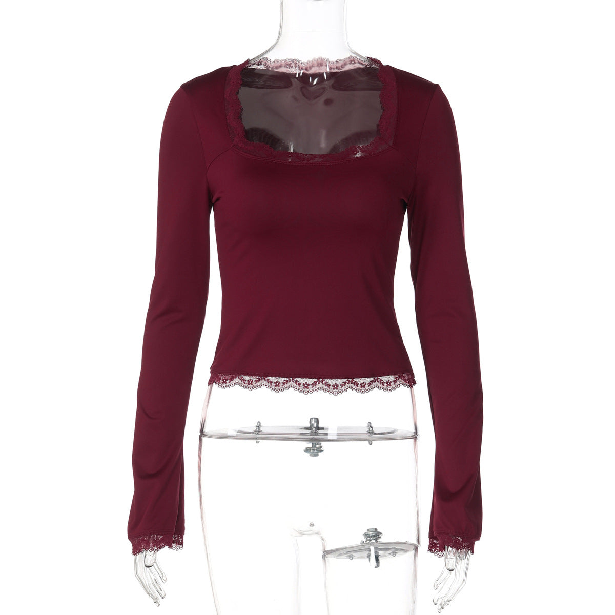 New Fashion Lace Edge Square Neck Long Sleeve Slim-fit Versatile Women's Top - Seldom Seen Styles