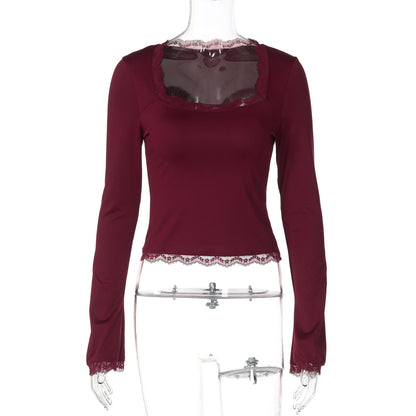 New Fashion Lace Edge Square Neck Long Sleeve Slim-fit Versatile Women's Top