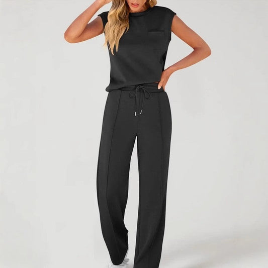 New casual solid color sleeveless top and high-waisted wide-leg pants for women - Seldom Seen Styles