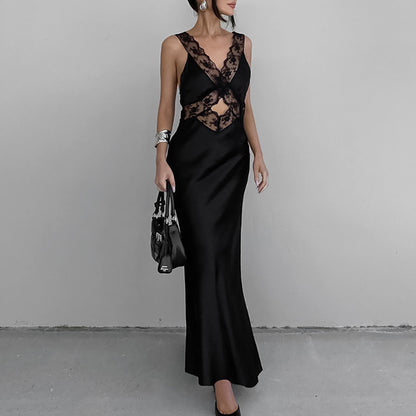 Nouvelle robe française sexy, jupe sirène en dentelle ajourée à col en V, ajustement parfait pour l'automne