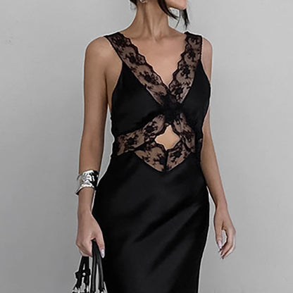 Nouvelle robe française sexy, jupe sirène en dentelle ajourée à col en V, ajustement parfait pour l'automne