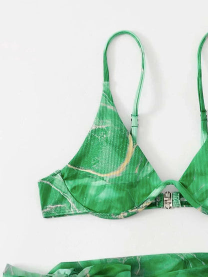 Women's 3 Piece Swimsuit Marble Print Underwire Bikini Set Bathing Suit with Sarong Wraps Cover Up