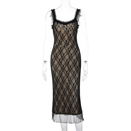 Nouvelle robe bustier mi-longue pour femme, style « sœur royale », avec détails en dentelle sexy et nœud sur la poitrine.