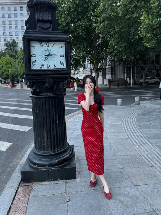 New solid color red polka dot elastic slim white drawstring design V-neck short-sleeved dress long dress women - Seldom Seen Styles