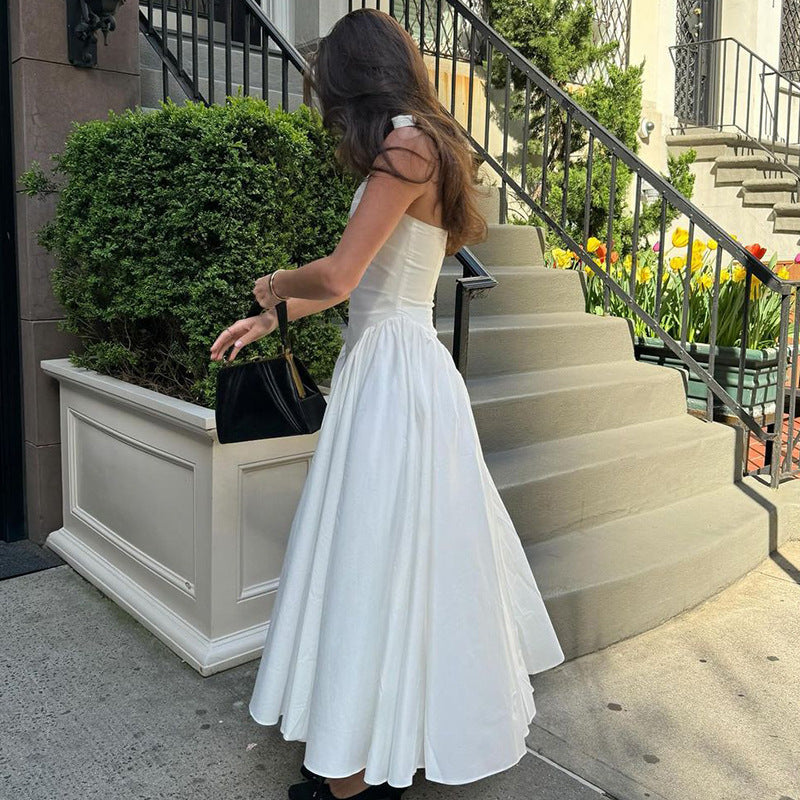 New solid color sexy deep V hollow halterneck temperament large swing skirt dress women's clothing - Seldom Seen Styles