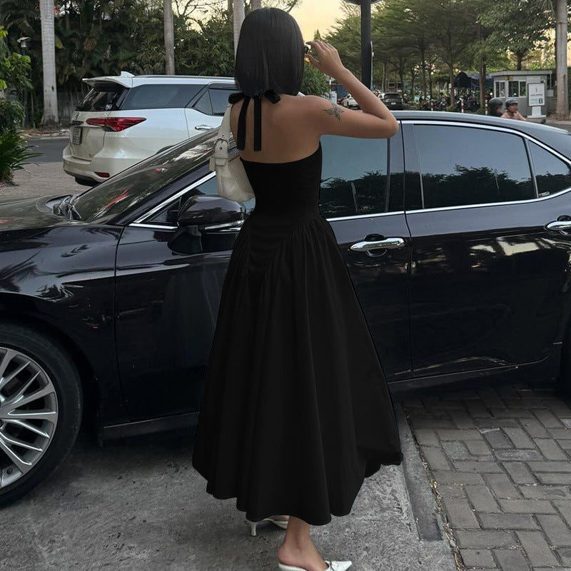 New solid color sexy deep V hollow halterneck temperament large swing skirt dress women's clothing - Seldom Seen Styles