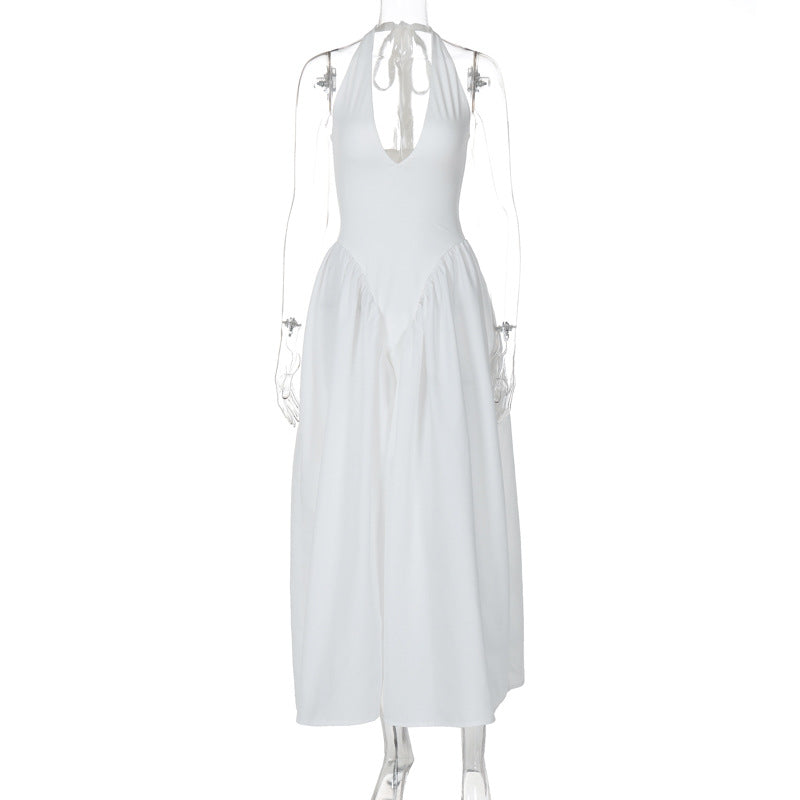 New solid color sexy deep V hollow halterneck temperament large swing skirt dress women's clothing - Seldom Seen Styles