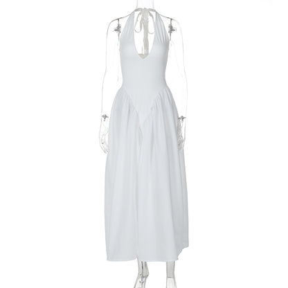 Nouvelle robe femme couleur unie sexy décolleté plongeant creux licou tempérament grande jupe évasée