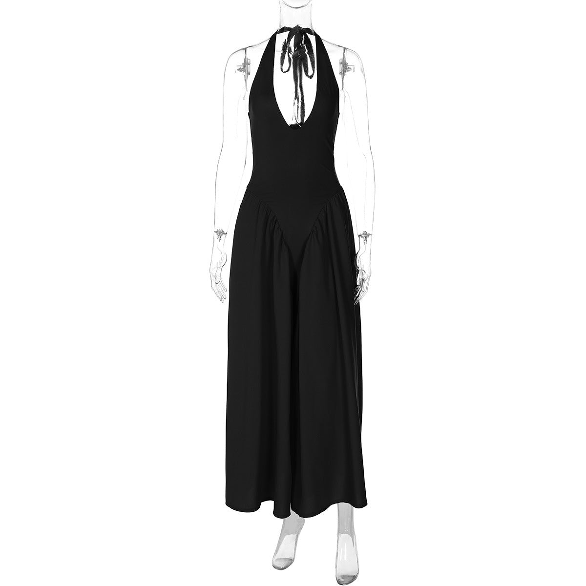 New solid color sexy deep V hollow halterneck temperament large swing skirt dress women's clothing - Seldom Seen Styles
