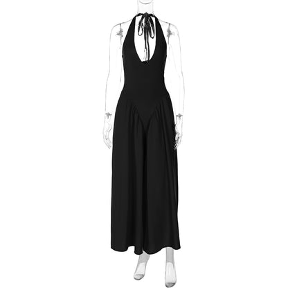 Nouvelle robe femme couleur unie sexy décolleté plongeant creux licou tempérament grande jupe évasée