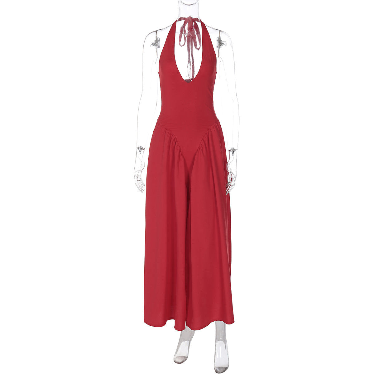 New solid color sexy deep V hollow halterneck temperament large swing skirt dress women's clothing - Seldom Seen Styles