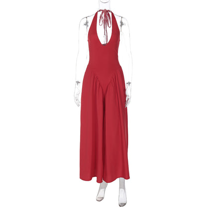 Nouvelle robe femme couleur unie sexy décolleté plongeant creux licou tempérament grande jupe évasée