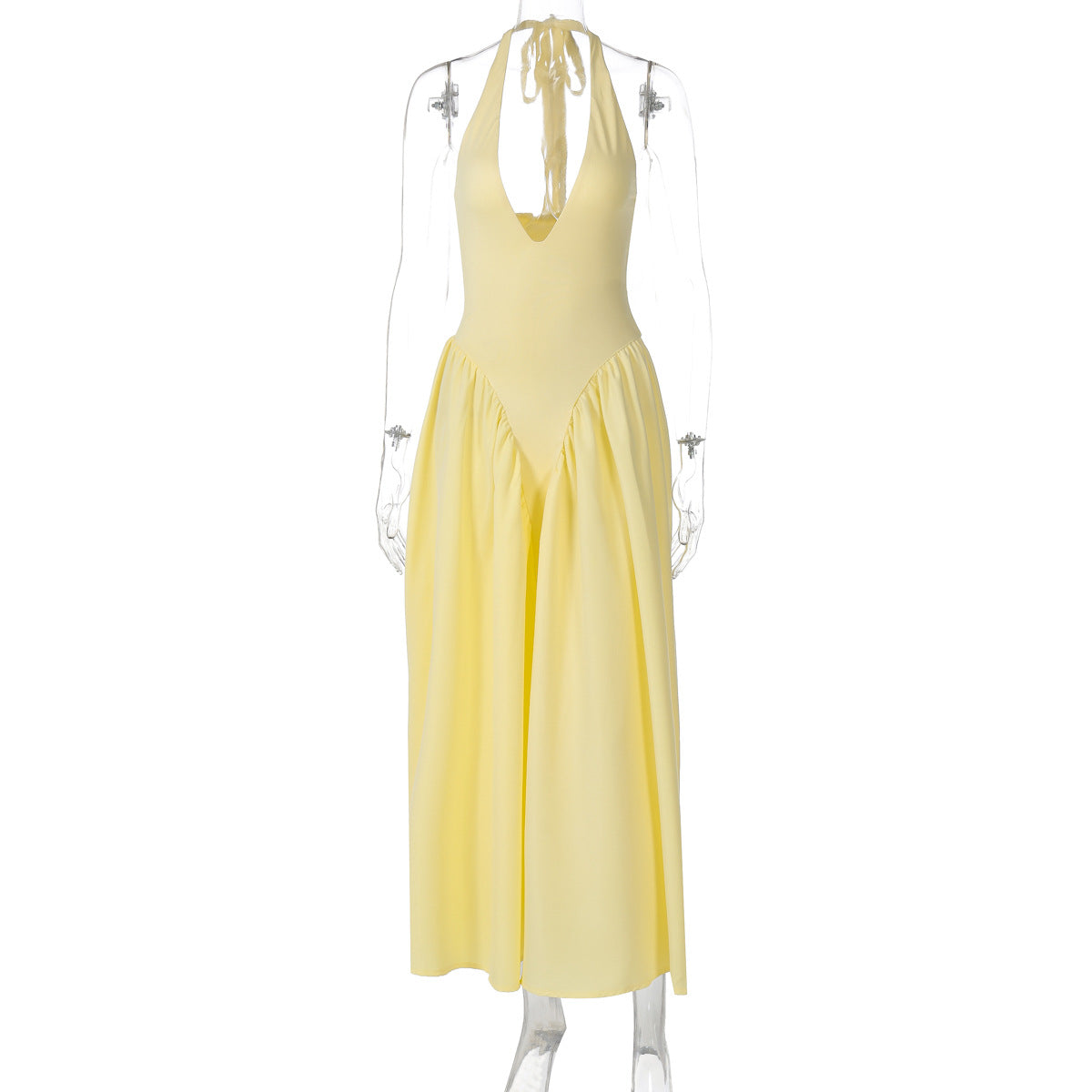 New solid color sexy deep V hollow halterneck temperament large swing skirt dress women's clothing - Seldom Seen Styles