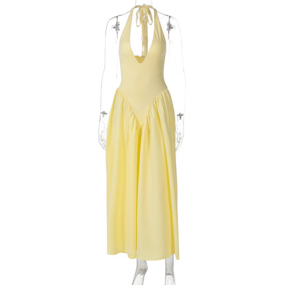 Nouvelle robe femme couleur unie sexy décolleté plongeant creux licou tempérament grande jupe évasée